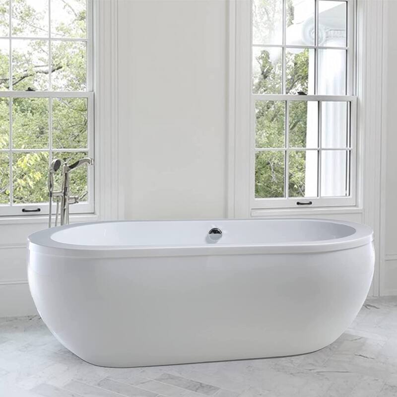 Vanity Art 71-inch Freestanding Acrylic Bathtub Stand Alone Soaking Tub with Polished Chrome Round Overflow & Pop-up Drain - 71
