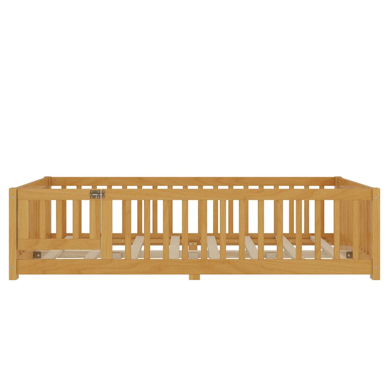 Montessori Toddler Floor Bed with Fence and Switchable Door, Low Profile Bed Frame with Removable Slats, Safe Transition Bed