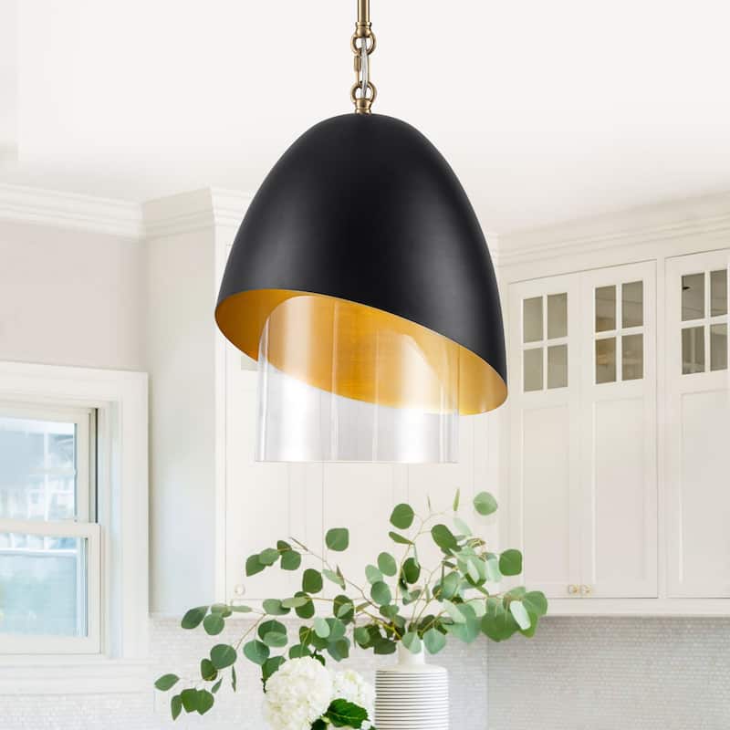 Brushed Gold & Black Egg-Shaped Pendant Light with Clear Glass Shade - Dia.11.81-in - Dia.11.81-in