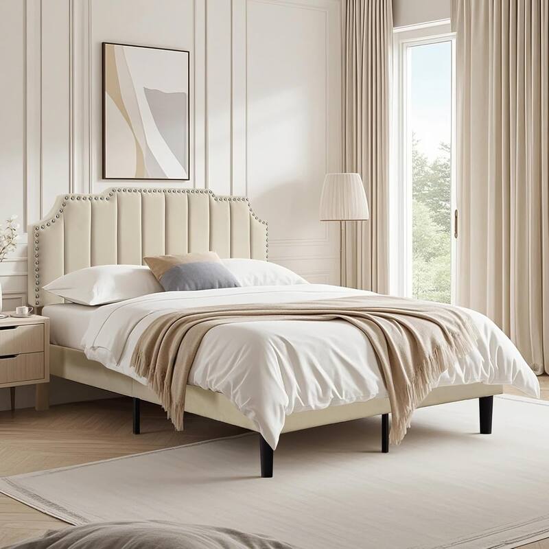 VECELO Upholstered Bed Frame with Nailhead Trim Adjustable Height Headboard, Twin/Full/Queen Size Bedframes