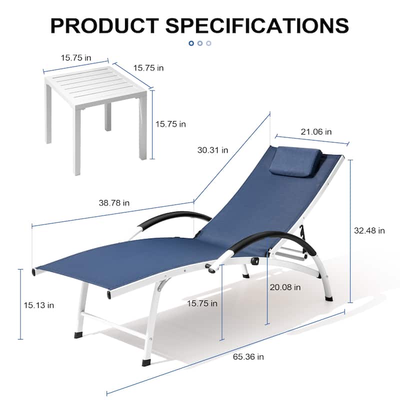 3-piece Outdoor Adjustable Aluminum Reclining Chaise Lounge Chairs with Wheels and Side Table Set