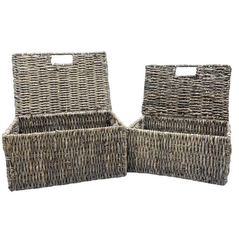 Woven Grass Grey Rectangular Lidded Storage Baskets (Set of 2)