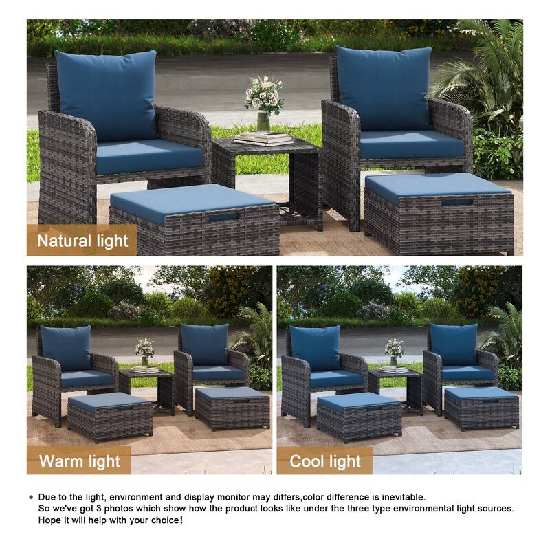 5 Pieces Patio Chair Ottoman Conversation Set with Cushions Table