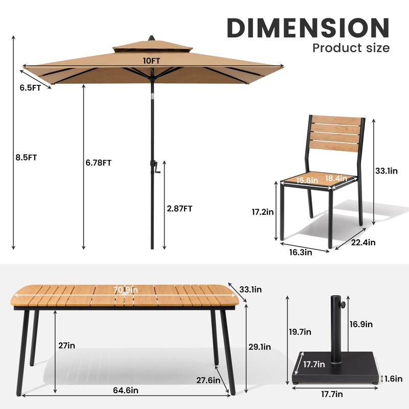 9-Piece Outdoor Dining Set Rectangular Aluminum Table and Stackable Chairs with Umbrella and Base