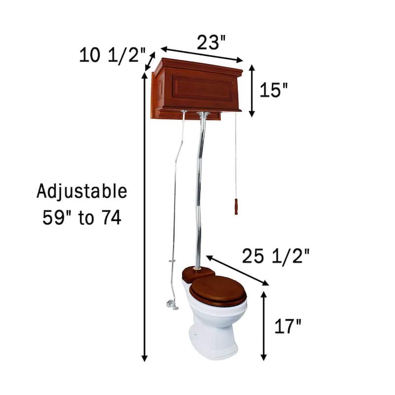 High Tank Toilet - Light Mahogany Raised Tank, White Elongated Bowl and Chrome Z Pipe Renovators Supply