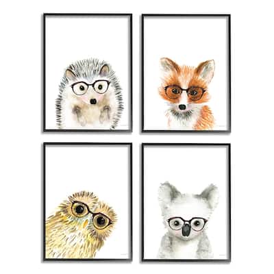 Stupell Adorable Forest Animals with Glasses Owl Fox 4pc Multi Piece Framed Wall Art Set