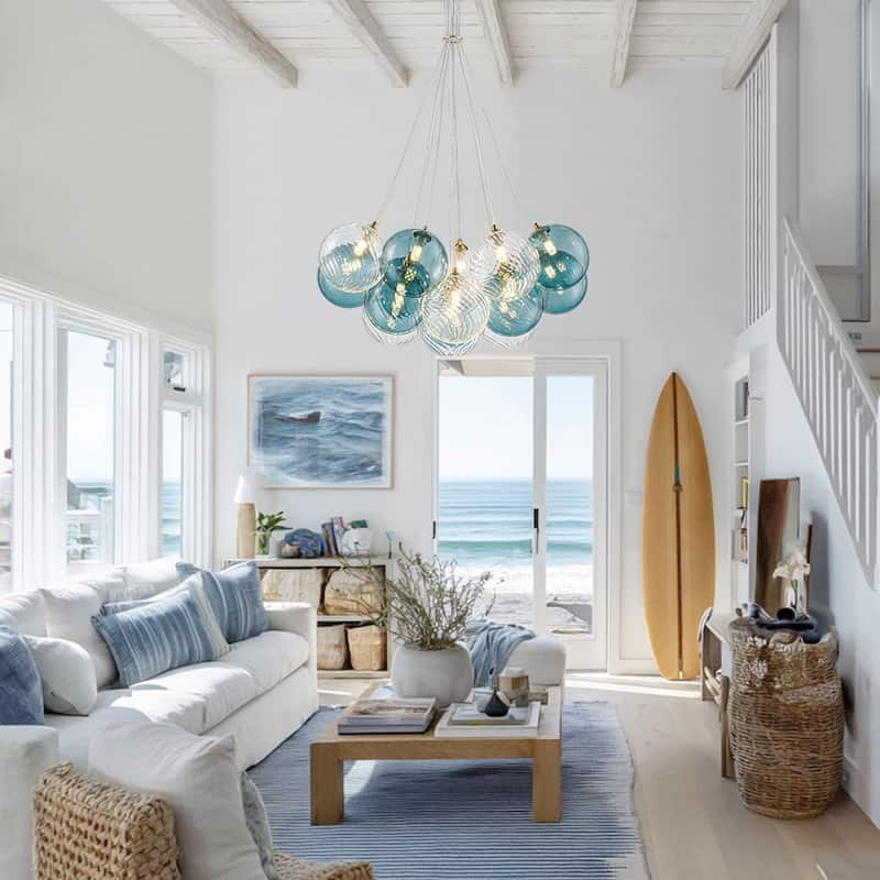 Stylish 16-Light Blue Tone Cluster Glass Bubble Chandelier