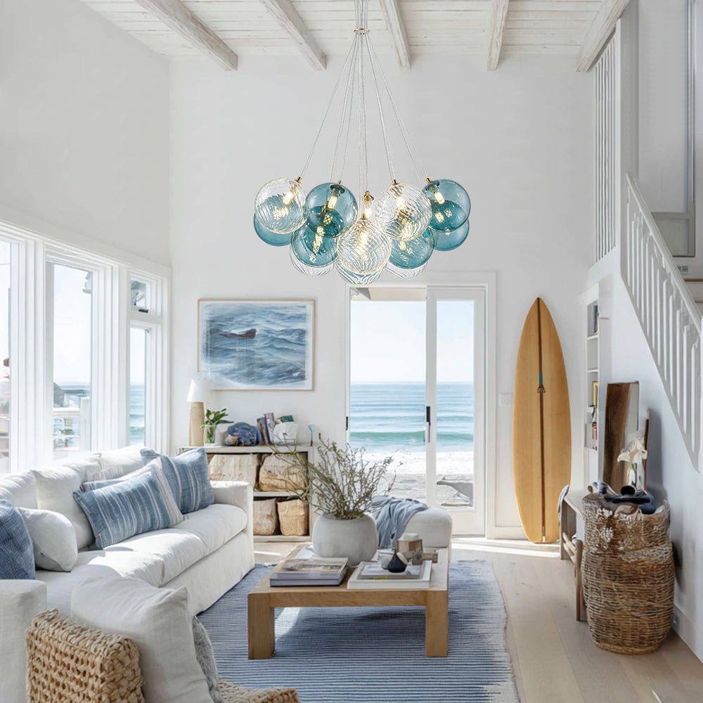 Stylish 16-Light Blue Tone Cluster Glass Bubble Chandelier