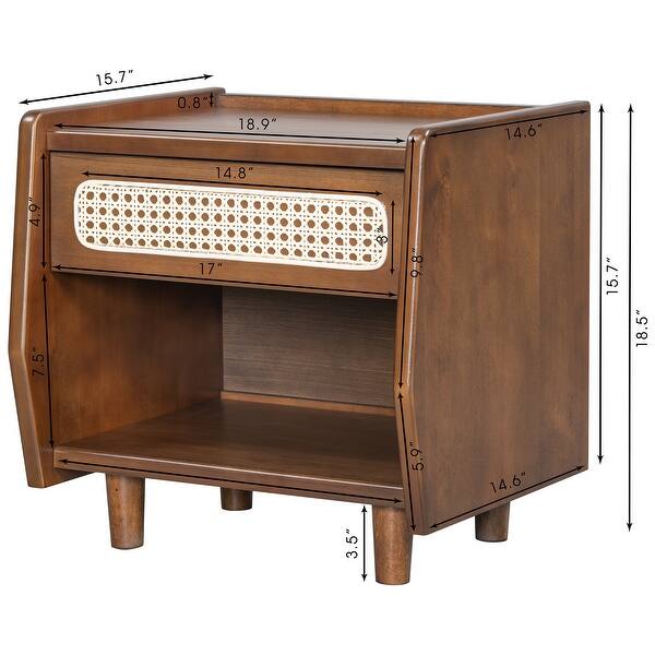 dimension image slide 0 of 2, Christopher Knight Home - Zessia Retro 19" Wood Nightstand with Woven Drawer and Open Shelf