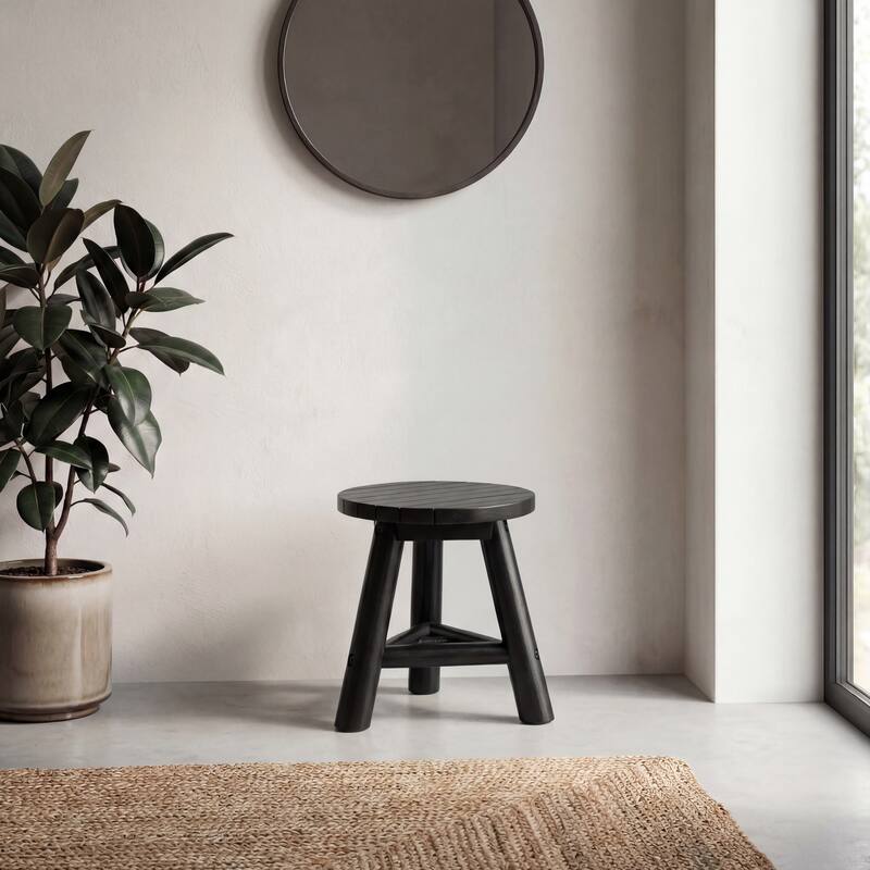 JONATHAN Y Triform Modern Minimalist Handcrafted Solid Teak Wood Accent Stool with Tri-Leg Base