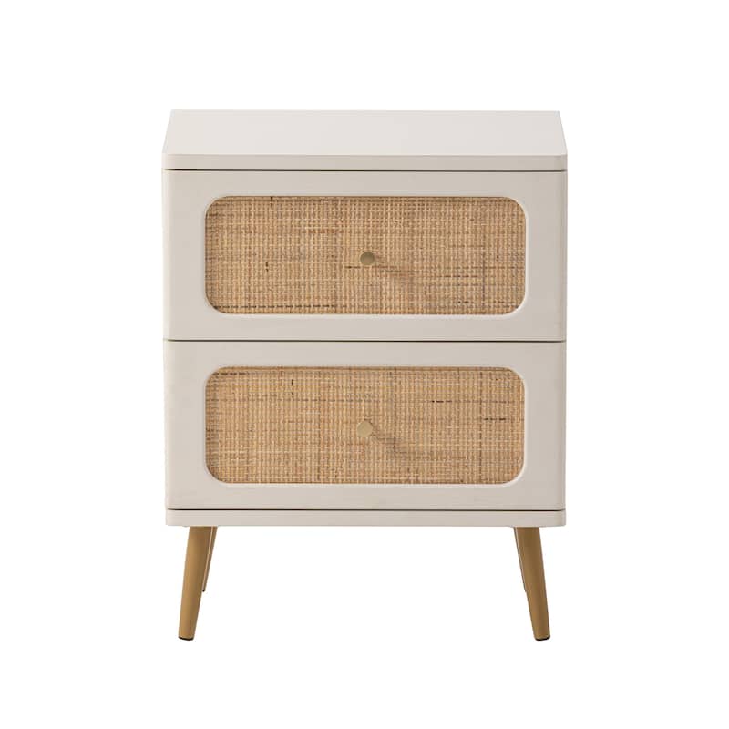 COZAYH Farmhouse Wicker Rattan Nightstand, Boho Mid-Century Coastal Wooden Bedside Table, Wooden Storage Cabinet