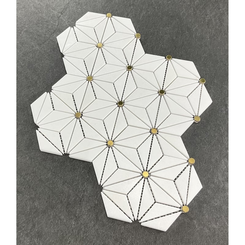 Thassos White Hexagon Marble With Gold Accents Mosaic Tile - 1 Case (10 Sheets)