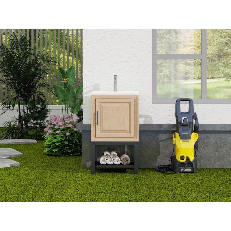 GDFStudio - CompactLine Modern Freestanding Bathroom Vanity with Ceramic Sink and Open Metal Shelf - 20 Inch