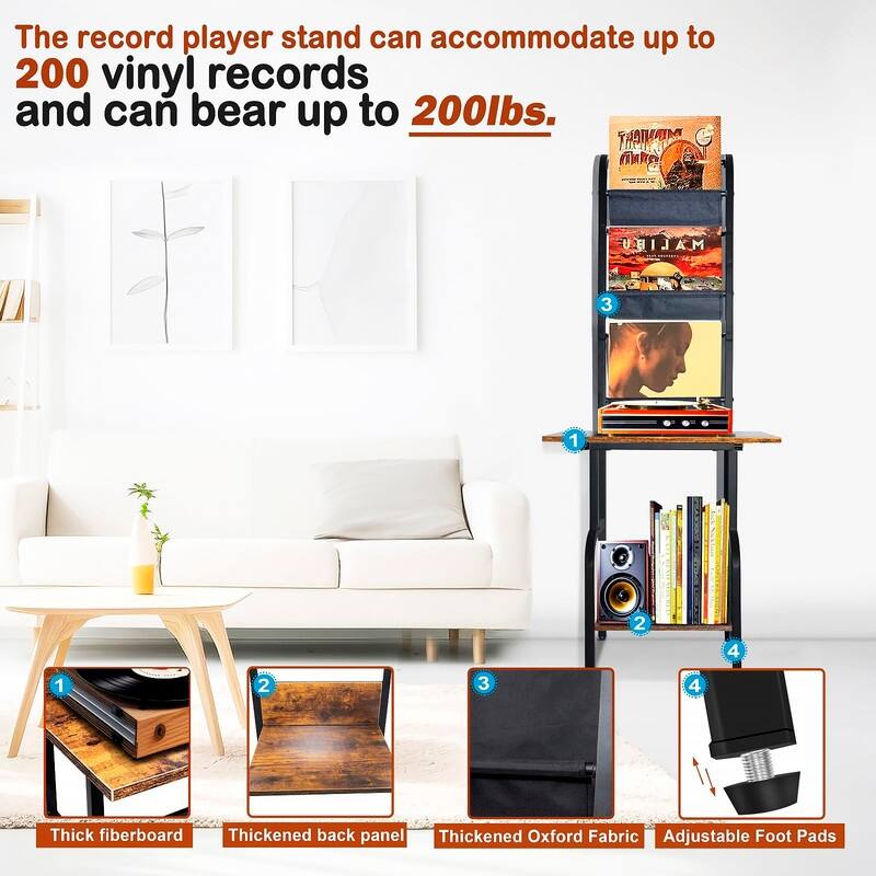 Record Player Stand with Vinyl Storage - 16.9"D x 19.7"W x 55.12"H