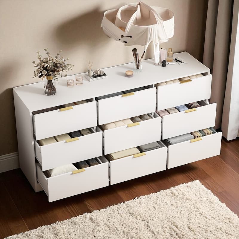 9 Drawer Dresser, 63" Wide Wooden Storage Cabinet with Golden Handles, Large Chest of Drawers for Bedroom and Hallway