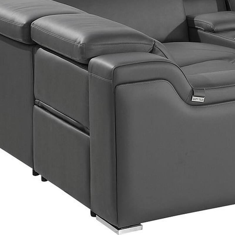 HomeRoots Dark Gray Italian Leather Power Reclining U Shaped Eight Piece Corner Sectional With Console