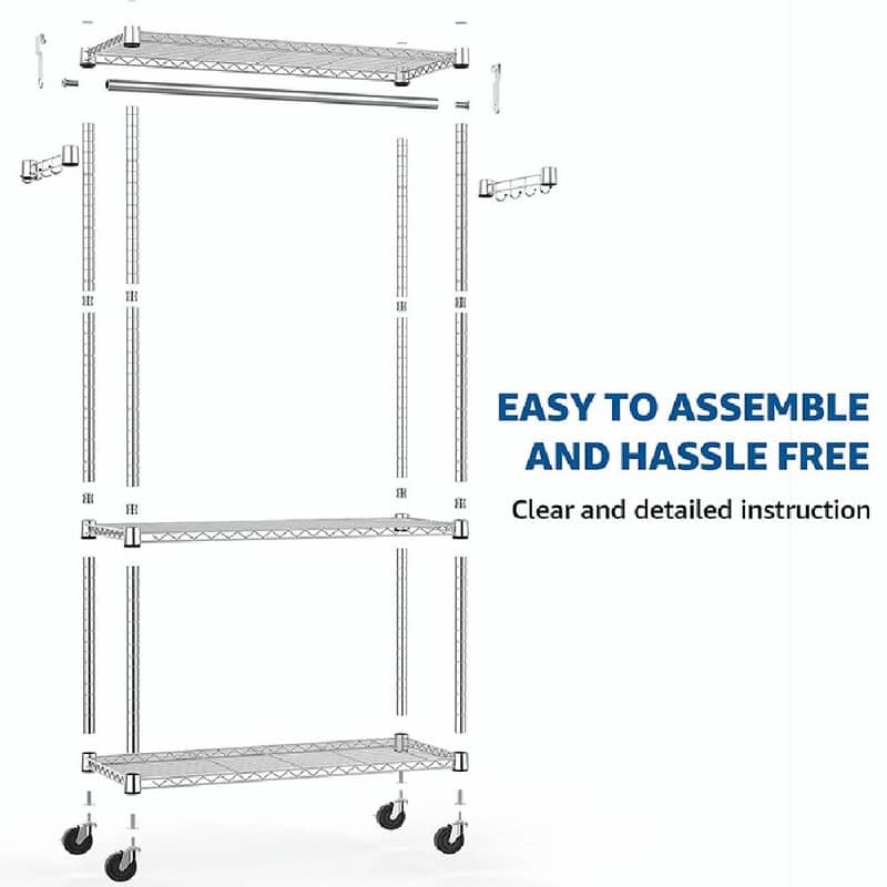 Heavy Duty Rolling Garment Rack with Wheels, 3-Tier Adjustable Wire Shelving, Clothes Rack with Rods & Side Hooks