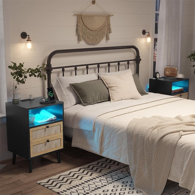 Rattan Nightstand for Bedroom Charging Station USB Ports LED Lights