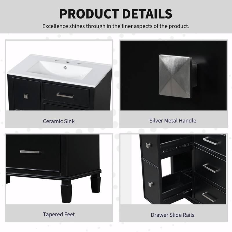 30" Bathroom Vanity with Ceramic Sink, Flip-Out Plumbing Drawer, Soft Close Doors & Drawers