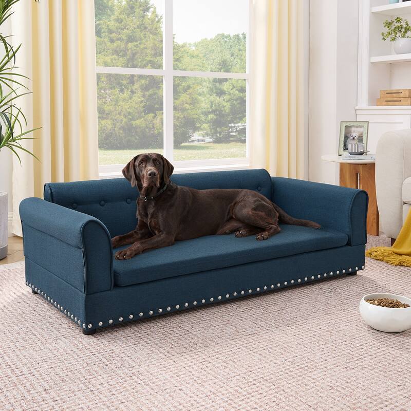 Oversized Pet Sofa, Elegant Modern Linen Fabric Elevated Dog Sofa Bed, Oversized Rectangular Pet Bed with Backrest & Armrest - Blue