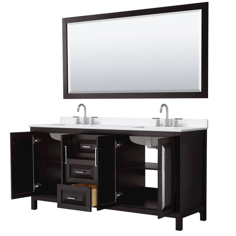 Daria 72-inch Double Vanity, 3 Hole Quartz Top, 70-inch Mirror
