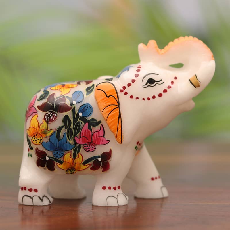 Novica Handmade Elephant Salute Hand-Painted Soapstone Figurine