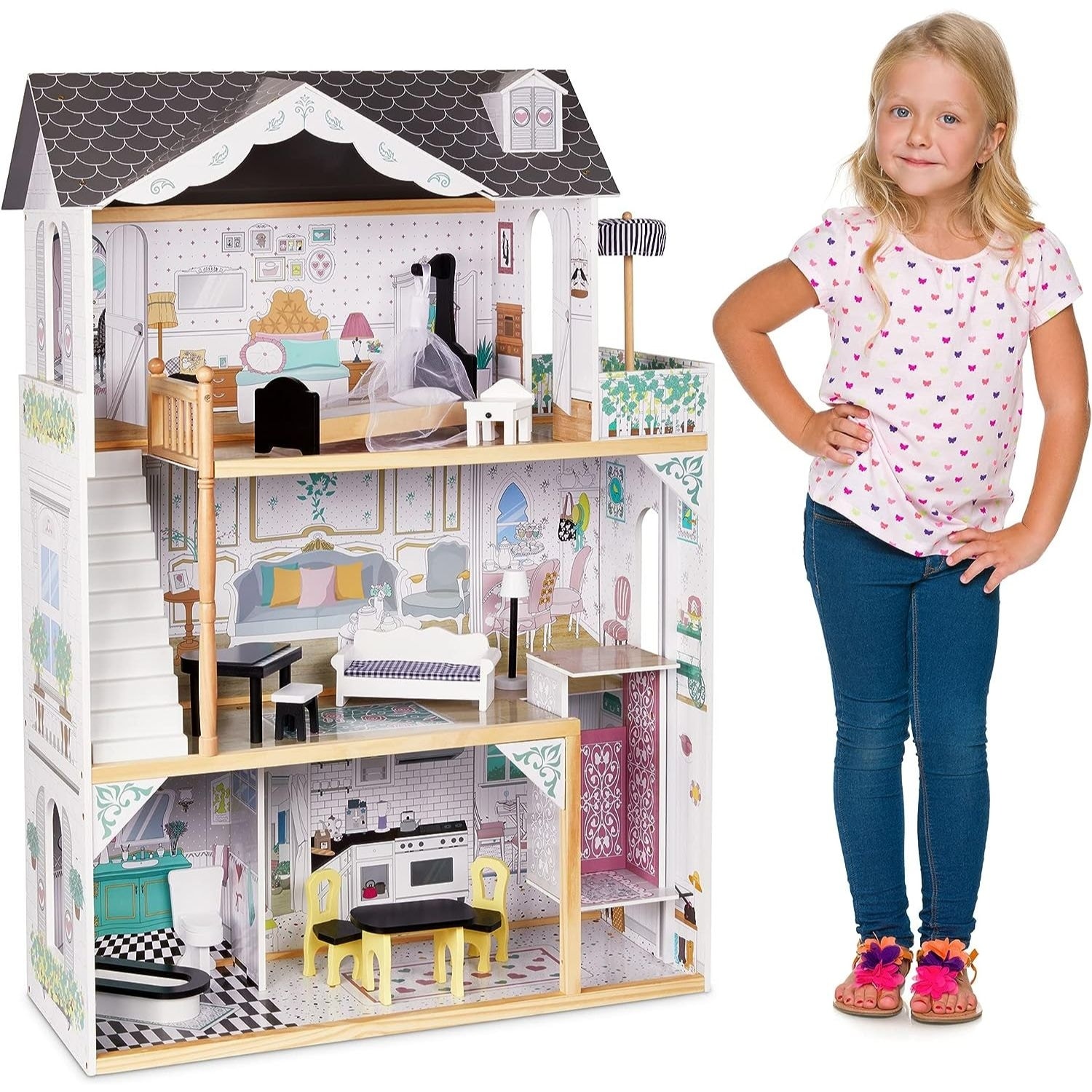 Lil Jumbl 3-Floor Wooden Dollhouse with Elevator a...