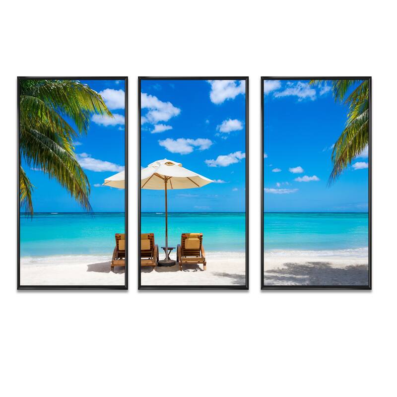 Designart "Turquoise Beach with Chairs" Beaches Framed Wall Art Set of
