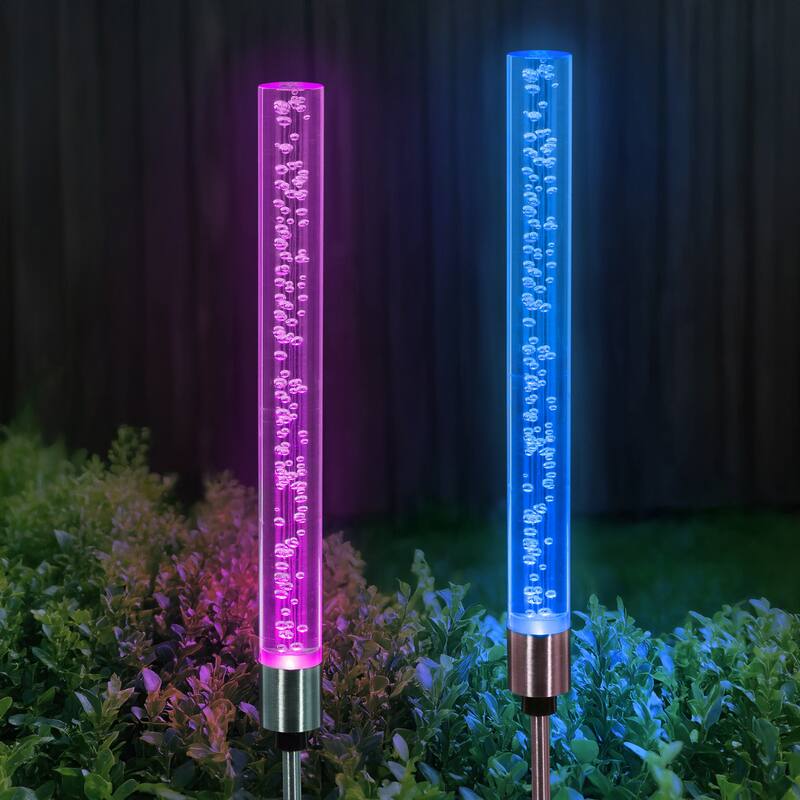 Exhart Two Solar Color Changing Acrylic Stationary Bubble Cylinder Garden Stake Set, 2.5 by 34 Inches