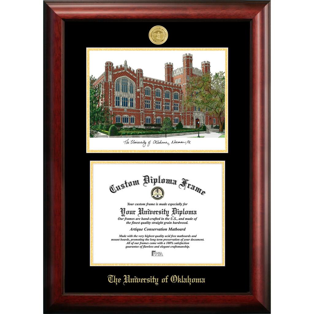 University of Oklahoma 11w x 8.5h Gold Embossed Diploma Frame with Campus Images Lithograph
