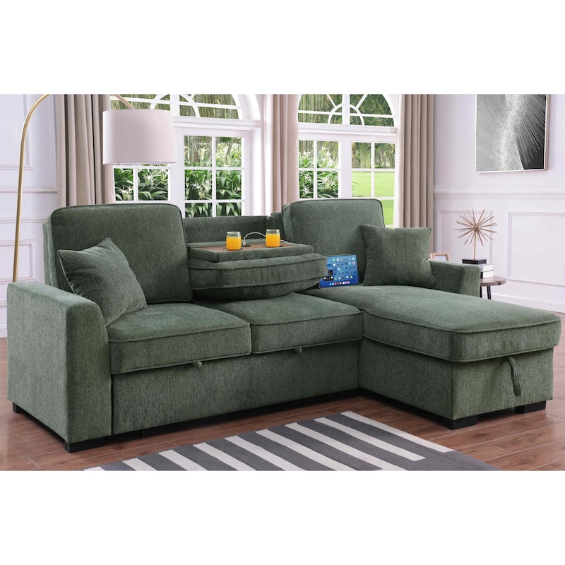 Chenille Reversible Sectional Sofa Convertible Pull Out Couch Bed