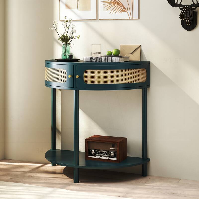 Charming Half Moon Console Table with Rattan Doors and Multiple Storage Options