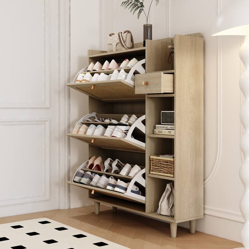 Shoe Rack Cabinet with 3 Rattan Flip Drawers,3 Square Shelves,1 Storage Drawer,Shoe Organizer with Mulit Storage Space and Hooks