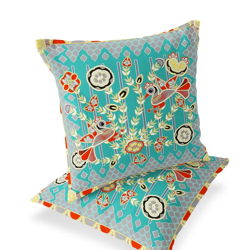 HomeRoots Set of Two 16" X 16" Blue and Yellow Peacock Blown Seam Floral Indoor Outdoor Throw Pillow - 16.00' X '16.00' X '5.00