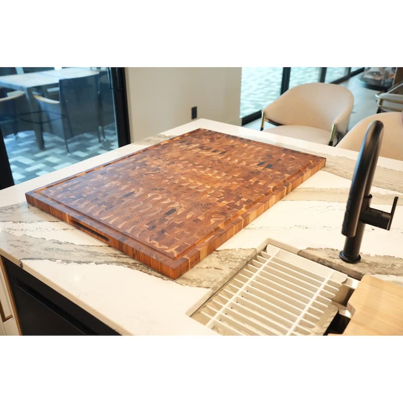 XL EcoDecors FSC Certified Solid Teak Cutting Board 40" x 28", End Grain Butcher Block for Kitchen, BBQ & Carving