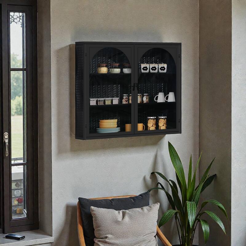 27.56" Modern Glass Door Wall Cabinet with Woven Pattern, 3-Tier Storage Iron and Tempered Glass Cabinet - Black