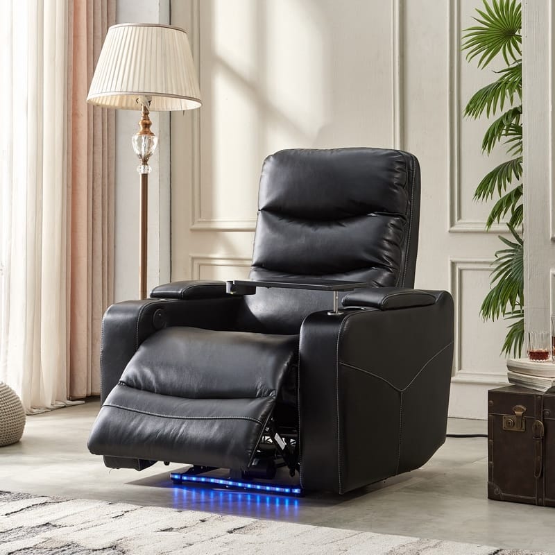 Black Technical Leather Power Reclining Chair, LED Strips, USB Ports - Black