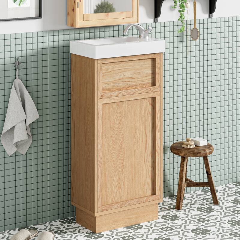 Bathroom Vanity with Reversible Door & Sink, Narrow Bathroom Vanity, Bathroom Cabinet with Adjustable Shelf & Push-to-Open Door - Wood