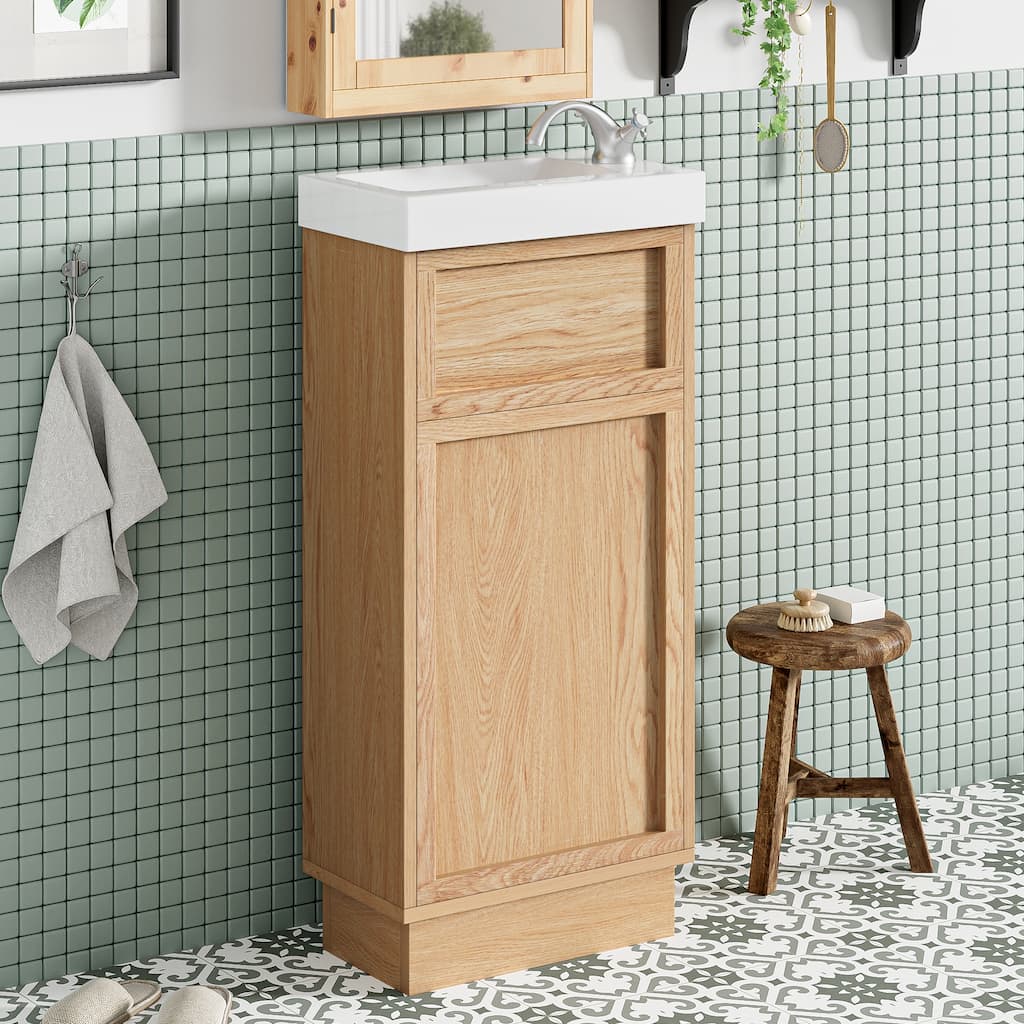 Bathroom Vanity with Reversible Door & Sink, Narrow Bathroom Vanity, Bathroom Cabinet with Adjustable Shelf & Push-to-Open Door