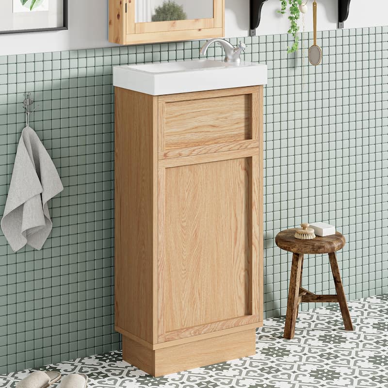 GDFStudio - Nora Vanity MDF Bathroom Cabinet with Reversible Resin Sink Adjustable Shelf - 15.75" - Brown - 15.75"