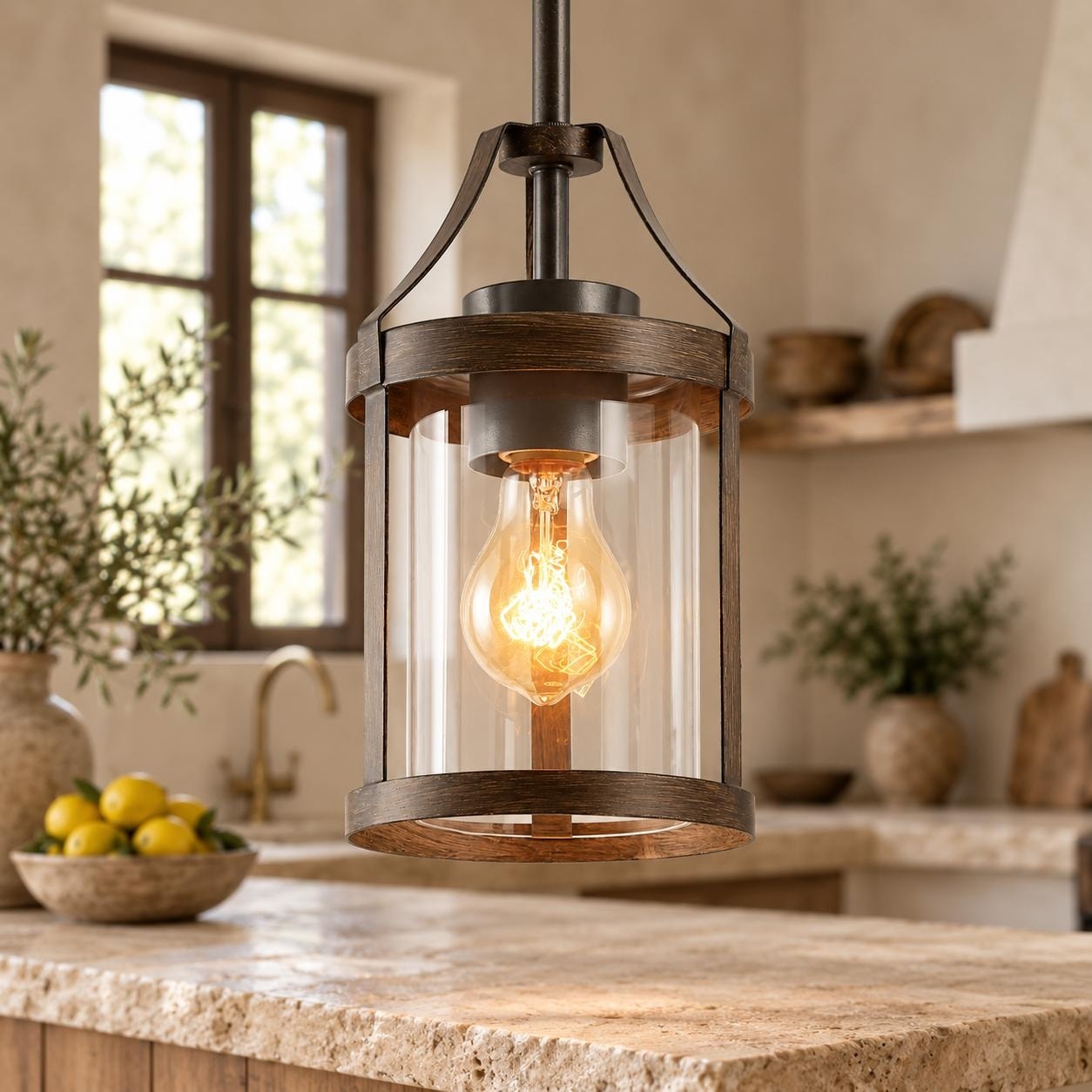 Modern Farmhouse 1-Light Cylinder Pendant Lights Mini Glass Lantern for Kitchen Island