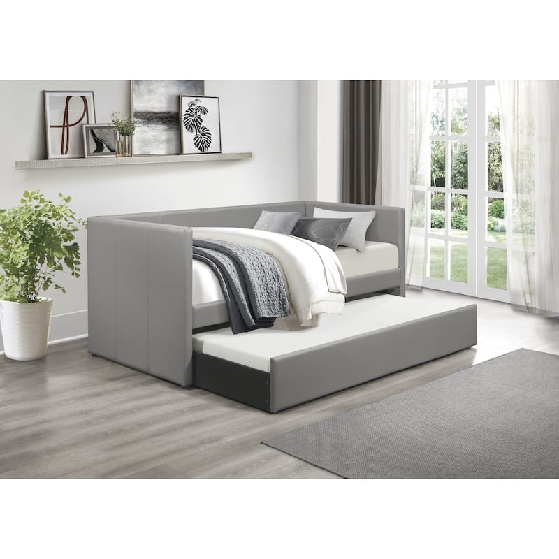 Black Faux Leather Upholstered Contemporary Daybed with Trundle Wooden Furniture 1pc - Gray