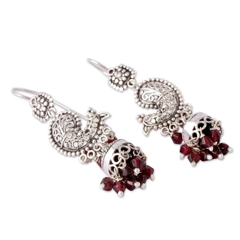 NOVICA Handmade Paisley Peacock Sterling Silver Garnet Earrings (India) - 8'3" x 11'