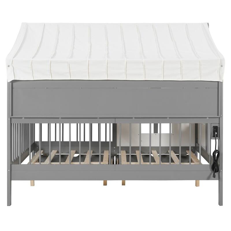 Full Size House Bed with 2 Drawers, Side Bookshelf with LED Strip