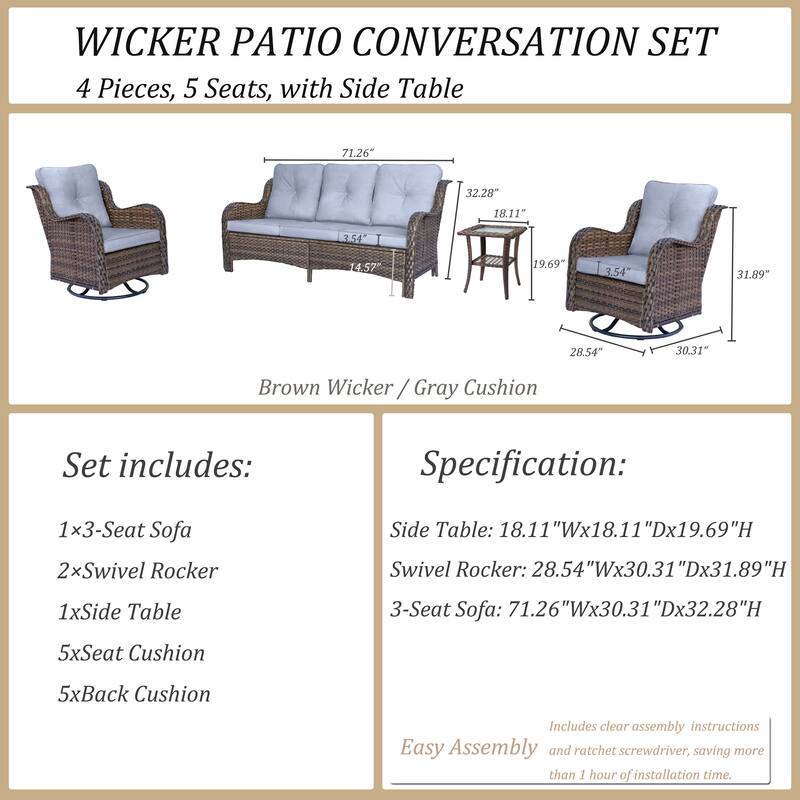 4 Piece Patio Furniture Seating Sofa Set with Swivel Chair and Cushion