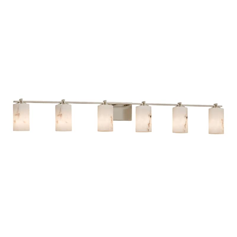 Justice Design LumenAria Era 6-light Brushed Nickel Bath Bar, Faux Alabaster Cylinder w/ Flat Rim Shade