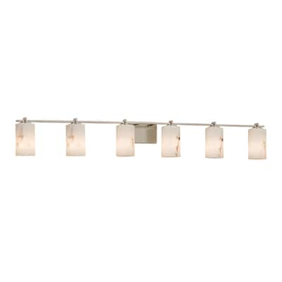 Justice Design LumenAria Era 6-light Brushed Nickel Bath Bar, Faux Alabaster Cylinder w/ Flat Rim Shade