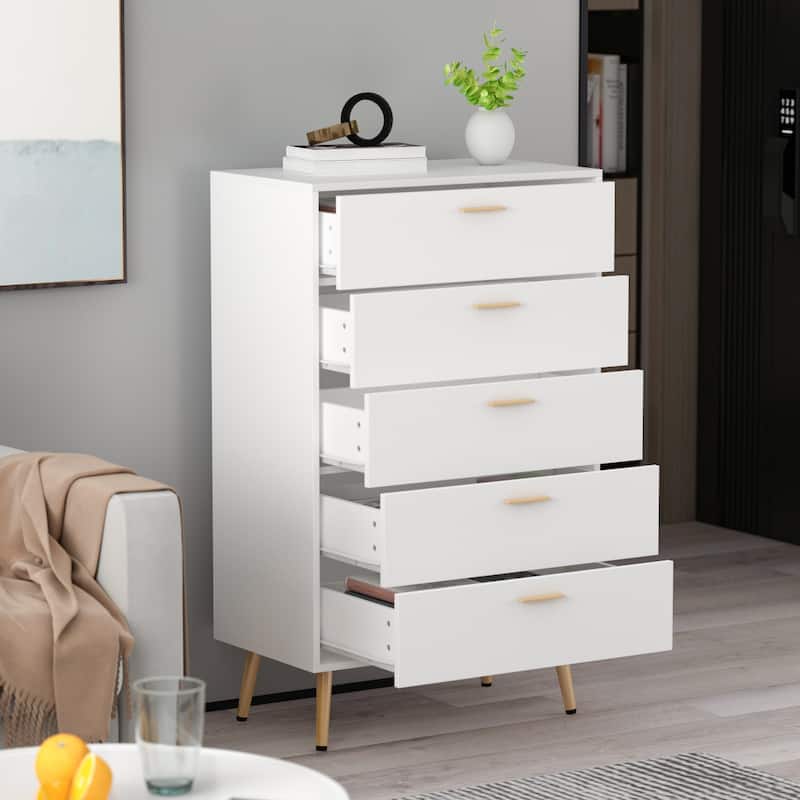 5 Drawer 27.4'' W Chest Dresser In White&Gold