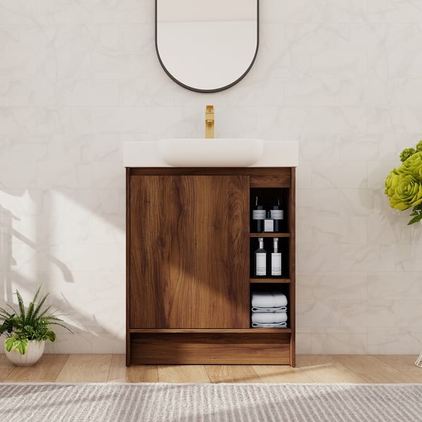slide 2 of 27, Beingnext 28" Bathroom Vanity With Sink, Freestanding Bathroom Vanity With 1 Door And 3 Shelves 27.2''W x 14.8''D x 35.3''H - Brown Ebony