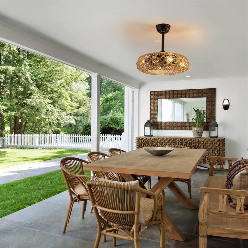 19" Hemp Rope Woven Ceiling Fan with 4 bulbs and Reversible DC Motor